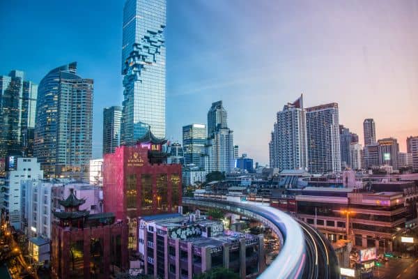 BTS Skytrain approaching Mahanakhon Skyscraper